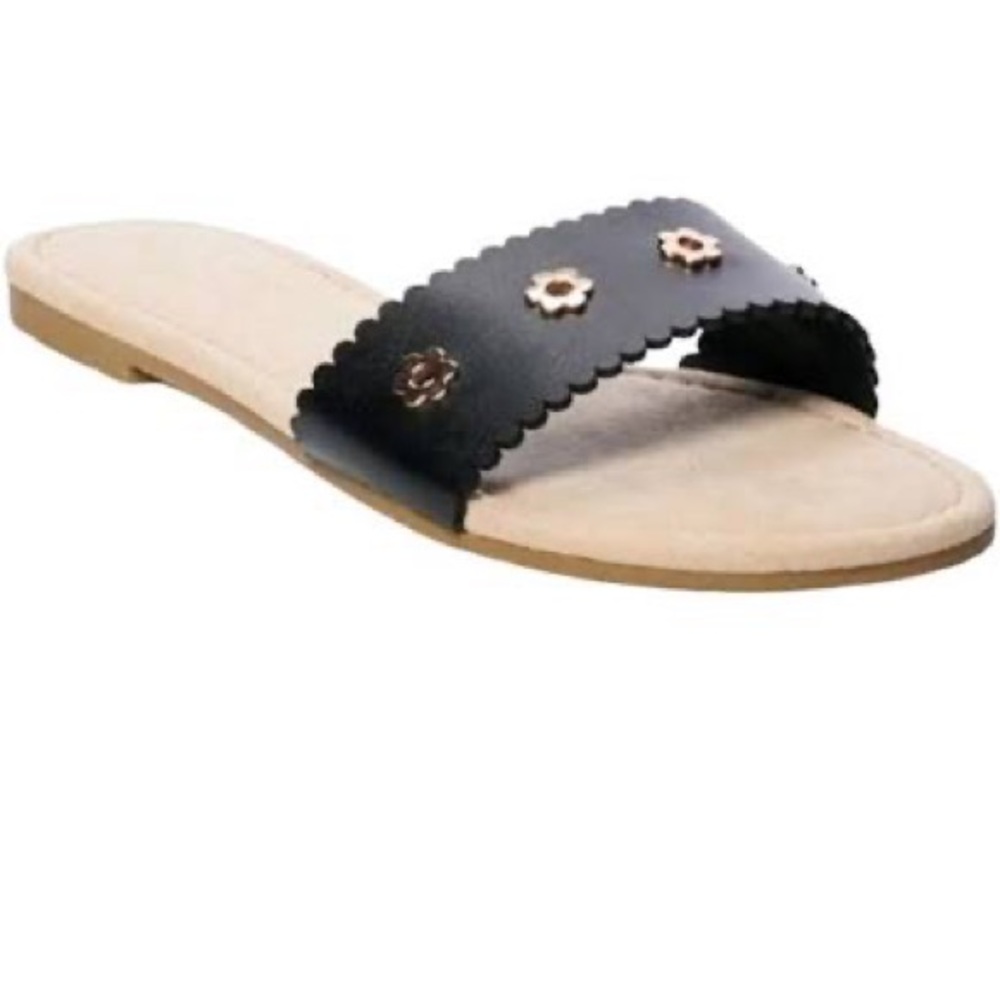 LC LAUREN CONRAD Sandals Slides Boho Flower Studs Summer Black & Gold Slides